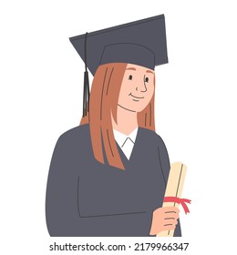 Happy graduated student vector isolated. Smiling bachelor student. Female character holding diploma. Success in education.