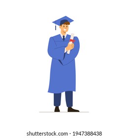 Happy graduated student wearing academic dress, Graduation cap Boy holding diploma. Celebrating university graduation. Flat cartoon style vector illustration