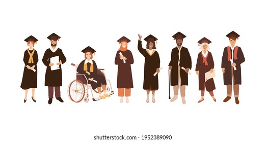 Happy graduated students in academic gown, grad caps with diplomas in their hands. Diverse people set, disabled girl, afro american man with cane, muslim, asian woman. Flat vector illustration.