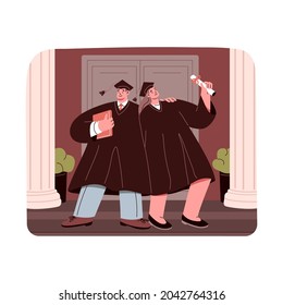 Happy graduated students in caps and gowns with diplomas and certificates. Alumni with academic bachelor and master degrees. People's graduation from college or university. Flat vector illustration