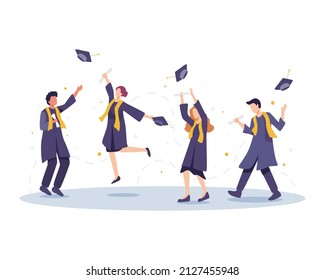 Happy graduated students concept illustration. Cheerful graduates people in academic cap and gown rejoice with diploma character. Vector illustration in a flat style