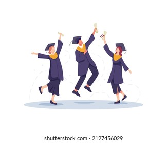 Happy graduierte Studenten Concept Illustration. Fröhliche Absolventen in akademischer Mütze und Gown Freude mit Diplomcharakter. Vektorgrafik im Flachstil