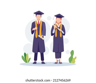 Happy Graduated Students Concept Illustration. Cheerful Graduates People In Academic Cap And Gown Rejoice With Diploma Character. Vector Illustration In A Flat Style