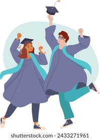 happy graduated students couple wearing academic dress, gown or robe. Young people celebrating university graduation. Flat cartoon vector illustration