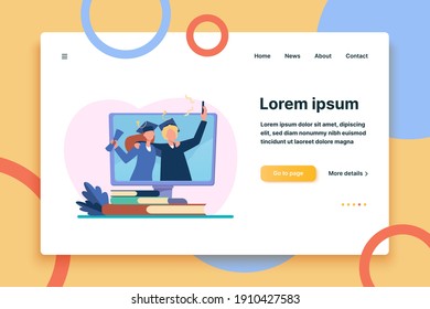Happy graduated students with diploma on monitor. Book, university, buyer flat vector illustration. Education and knowledge concept for banner, website design or landing web page