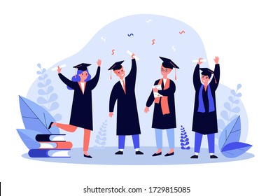 Happy graduated students flat vector illustration. Cartoon girls and guys celebrating academic diploma degree. Education and university certificate concept