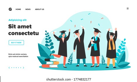 Happy graduated students flat vector illustration. Cartoon girls and guys celebrating academic diploma degree. Education and university certificate concept