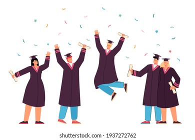 Happy graduated students in gowns holding academic diplomas flat vector illustration. Cartoon young characters getting degree certificates. Graduation and university education concept