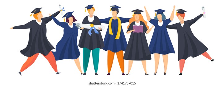 Happy graduated students. Group of boys and girls celebrating university graduation. Flat cartoon vector illustration.