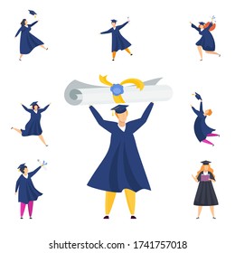 Happy graduated students. Group of boys and girls celebrating university graduation. Flat cartoon vector illustration.
