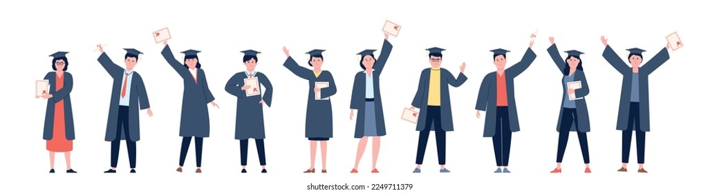 Happy graduated students hold diploma degree. Master education graduating, college or university success ended. Academic recent vector characters