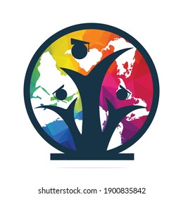 Happy Graduated Students Linked with global isolated on White Background. abroad education logo concept.
