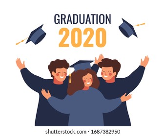 Happy graduated students wearing academic gown throw graduation caps up in the air. Boys and girls celebrating university graduation 2020. Flat cartoon vector illustration.