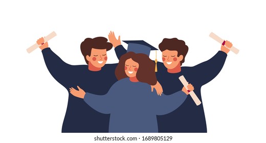 Happy graduated students wearing academic gown hold diplomas in their hands. Boys and girls celebrating university graduation. Flat cartoon vector illustration.