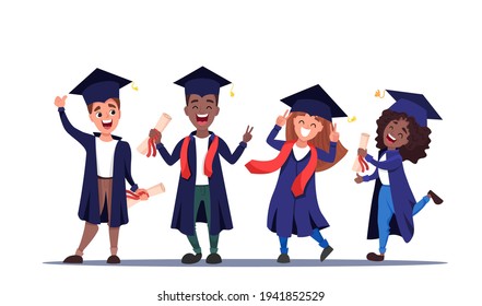 Happy graduated students wearing academic gown with diplomas in their hands. Multicultural Boys and girls celebrating university graduation together. Flat cartoon vector illustration.