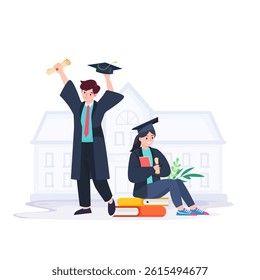 Happy graduated students wearing academic dress gown