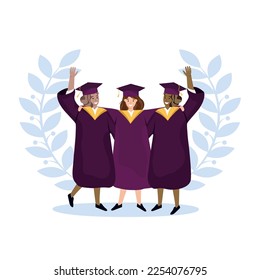 Happy graduated  women students wearing academic  gown and cap and celebrating graduation. Flat vector illustration.