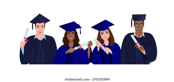 Happy graduates in black gowns and tassel hats. In the hands of diplomas. People of different nationalities, Afro people. Isolated vector graphics. Concept. Cartoon style. Vector illustration