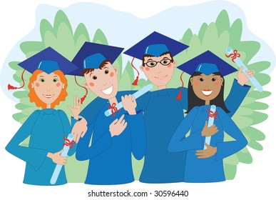 Happy graduates in caps and gowns with diplomas