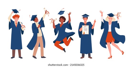 Happy graduates celebrate together on graduation ceremony in academy vector illustration. Cartoon people in hat with tassel and blue gown jumping, proud friends holding diploma isolated on white