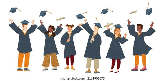 Happy graduates, college or university students throw up graduation caps in air. Vector flat illustration of people in academic hats and gowns with diploma scrolls
