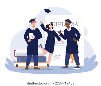 Happy graduates concept. Students throw up their graduation hats. Characters completed their studies and defended their diploma. Happy young specialists and friends. Cartoon flat vector illustration