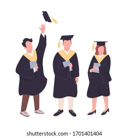 Happy graduates flat color vector faceless characters set. College students holding bachelor diplomas isolated cartoon illustrations on white background. People celebrate obtaining academic degree