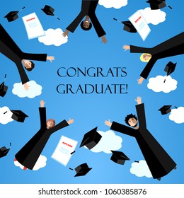 Happy Graduates flying in the air with graduation hats. Jumping Students and Graduation Caps in the sky. Vector card.