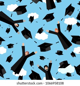 Happy Graduates flying in the air with graduation hats. Jumping Students and Graduation Caps in the sky. Vector seamless pattern.