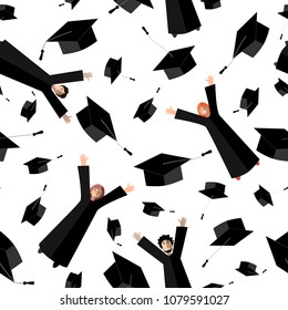 Happy Graduates flying in the air with graduation hats. Jumping Students and Graduation Caps in the sky. Vector seamless pattern. White background