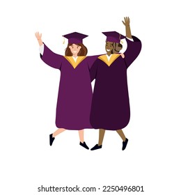 Happy graduates girls wearing academic gown and hat. Students celebrating university graduation and hugging. Flat vector illustration.