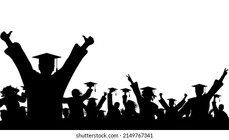 Happy graduates in graduation academic caps. Cheerful people silhouette. Graduation party. Vector  illustration.