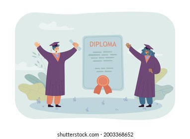 Happy graduates with huge diploma. Certificate between standing female students in graduation caps flat vector illustration. Graduation, education concept for banner, website design or landing page