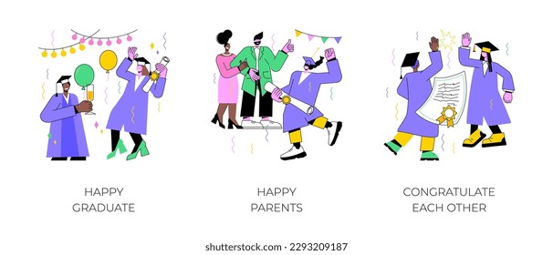 Happy graduates isolated cartoon vector illustrations set. Smiling student with diploma in hands, college education over, joyful parents congratulate their child, classmates hugging vector cartoon.