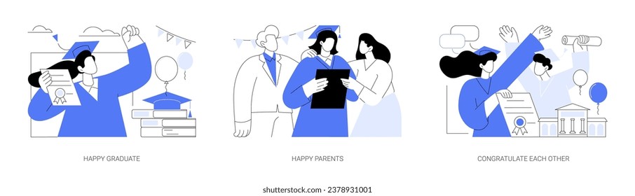 Happy graduates isolated cartoon vector illustrations set. Smiling student with diploma in hands, college education over, joyful parents congratulate their child, classmates hugging vector cartoon.