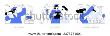 Happy graduates isolated cartoon vector illustrations set. Smiling student with diploma in hands, college education over, joyful parents congratulate their child, classmates hugging vector cartoon.