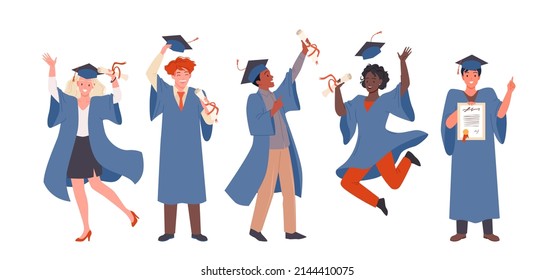 Happy graduates jump and dance together with joy vector illustration. Cartoon male and female students in gown and cap celebrate, group of cute boys and girls holding diploma isolated on white