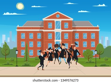 happy graduates jump and rejoice in the courtyard in front of the university. friends with graduate diplomas rejoice in front of the university. vector illustration.
