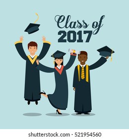 happy graduates jumping over blue background. class of 2017 concept. vector illustration