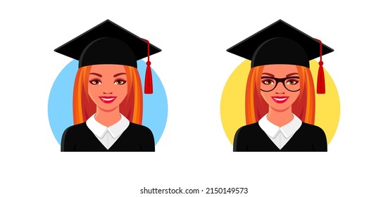 Happy graduates portraits in square academic caps with tassel, black gowns and eyeglasses. Smiling redhead young women icons. Set of vector colorful illustrations