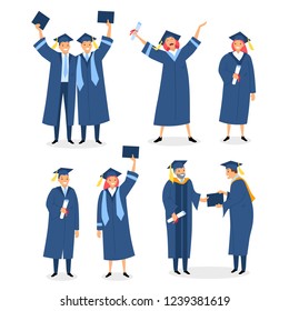 Happy graduates set with diploma and certificates. Graduation ceremony. Congratulations to alumnus and students who pass exams successfully vector illustration isolated