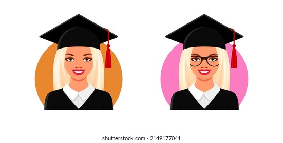 Happy graduates in square academic caps with tassel, black gowns and eyeglasses. Smiling blonde haired young women icons. Set of vector colorful illustrations isolated on white background