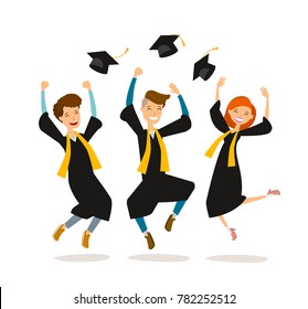 Happy graduates or students throw hats. Education, college, school, graduation concept. Cartoon vector illustration