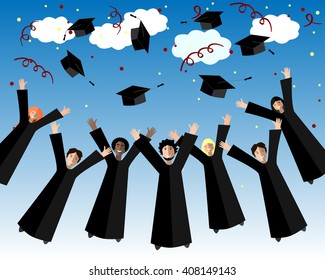Happy Graduates Throw up Graduation Hands.Graduation Background. Jumping Students and Graduation Caps in the Air.