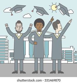 Happy graduates throwing up their hats on a city background with academy building. Vector line design illustration. Square layout.