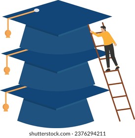 Happy graduating student climbing to the top of book piles. Vector artwork depicts the process and step by step of achieving wisdom, knowledge, success, education, rewards, and hard works.

