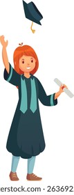Happy graduating student wearing gown and holding diploma, throwing graduation cap in the air, celebrating academic achievement and successful completion of studies