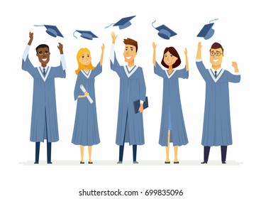 Happy graduating students - cartoon people characters isolated illustration. Composition with celebrating people in academic gowns throwing up graduate caps, holding certificates and diplomas