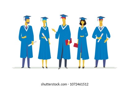 Happy graduating students - flat design style colorful illustration. Composition with celebrating people in academic gowns wearing graduate caps, holding certificates and diplomas