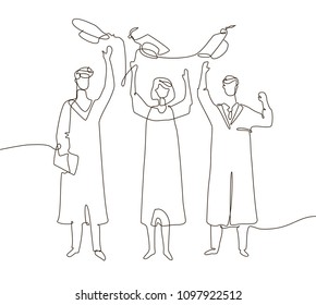 Happy graduating students - one line design style illustration. Composition with celebrating three friends in academic gowns throwing up graduate caps, holding certificates and diplomas